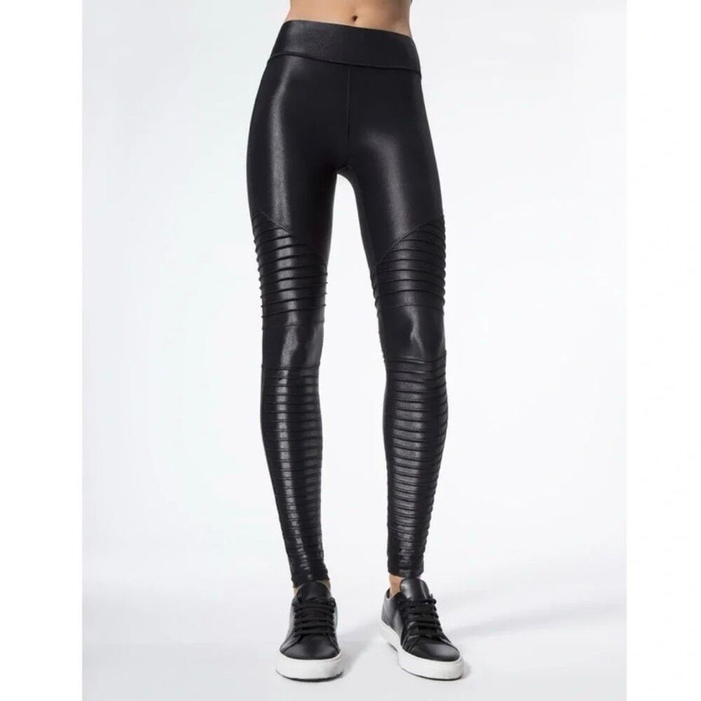 Carbon38 Black High Waist Shiny Faux Leather Moto Leggings Small Women